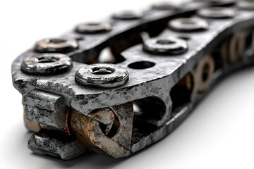 Poster - Close-up view of a worn metal bicycle chain showcasing rust and wear from extensive use on urban terrain