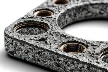 Poster - Close-up view of an industrial gasket showcasing textured surface and threaded holes in a studio setting
