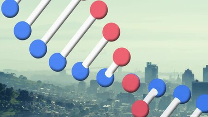 Poster - 3D data bars floating over hazy cityscape showing horizontal rods linking blue and red spheres