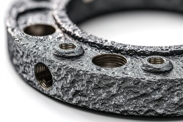 Poster - Close-up view of a textured metal circular part highlighting detailed threading and surface imperfections