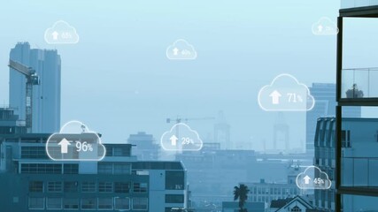 Poster - Flat design cloud icon displaying 100% with upward arrow floating over hazy city skyline
