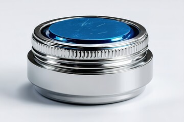 Poster - Sleek silver container with a blue lid showcases modern design and functionality for storage or organization