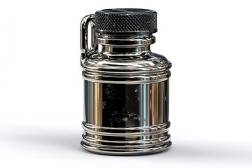 Poster - Shiny metallic bottle stands alone on a clean surface reflecting light from different angles