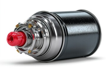 Poster - Details of a fuel filter showcasing metallic components and red accents on a smooth black surface in a workshop setting