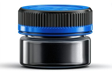 Poster - Black and blue jar with a screw-top lid placed on a white surface for product display or packaging review