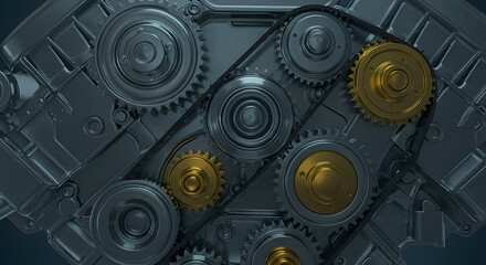 Poster - Metal Gear Mechanism with Golden Accents Gears and Intricate System of Interlocking Components