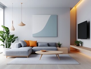 Fototapete - A cozy and welcoming contemporary living space featuring a comfortable sectional simple yet elegant furnishings and a calming Scandinavian design aesthetic with warm diffused lighting
