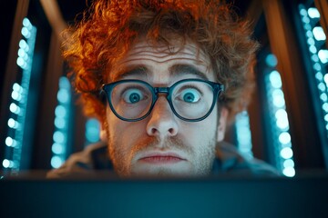 dark web vendor looks very irritated at the led panel, in dark server farm. expert caucasian adult m