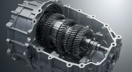Poster - Exposed Silver Transmission Gearbox Mechanism with Cogs and Intricate Design in an Automotive Engineering Context