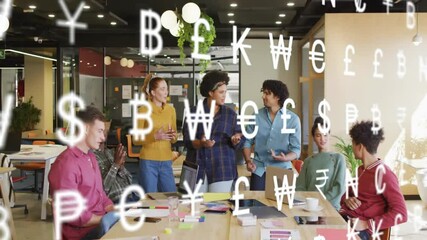 Poster - Team members gesturing around wooden table, discussing finance with floating currency symbols
