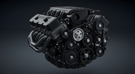 Poster - Detailed View of Complex Internal Combustion Engine with Dark Background and Intricate Belts and Pulleys