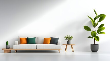 Fototapete - Bright and inviting modern living area with a spacious sectional sofa minimalist furniture design and an earthy color palette of natural wood tones and muted greens