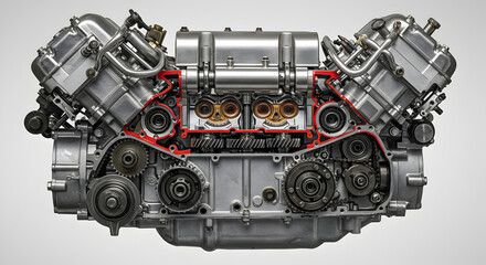 Poster - Detailed V Engine Cross Section with Silver Metal Gears and Automotive Components
