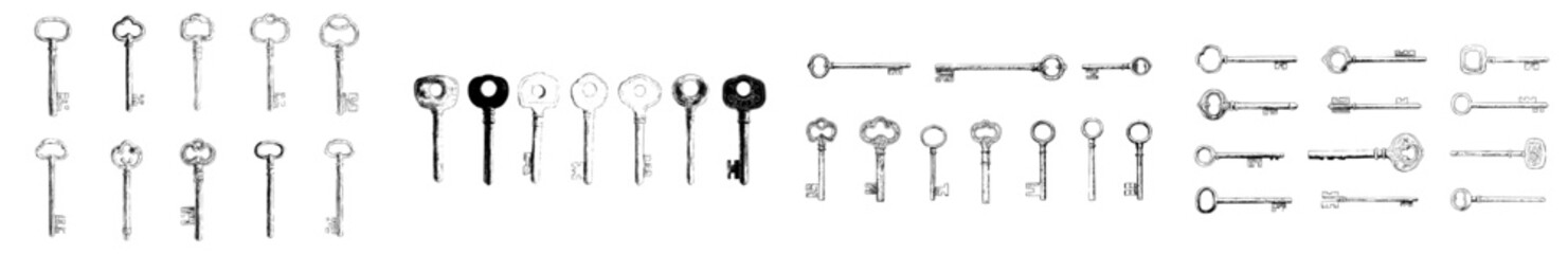 Poster - Collection of vintage key icons in a vector illustration style showcasing various designs and shapes for creative projects