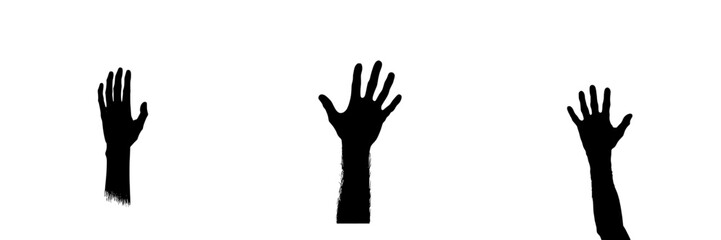 Poster - Multiple raised black hands reaching up against a stark white background in an artistic illustration