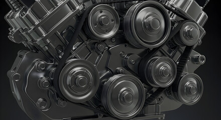 Poster - Detailed Black Car Engine Close Up Featuring Belts and Metallic Components Automotive Technology