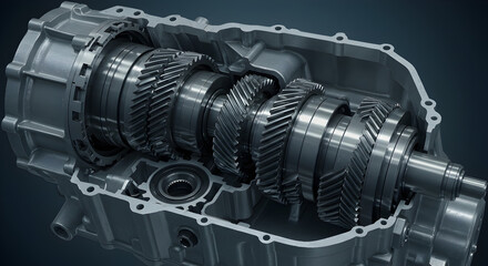 Poster - Detailed Automotive Transmission System Cutaway View Showing Intricate Gears and Mechanical Components in Silver Against Dark Blue Background