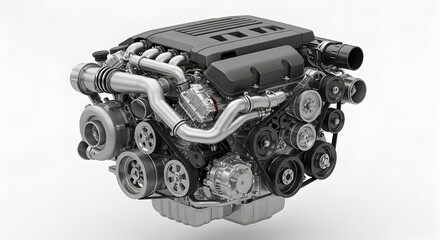 Poster - Detailed 3D Rendering of Gray and Silver Car Engine on a White Background