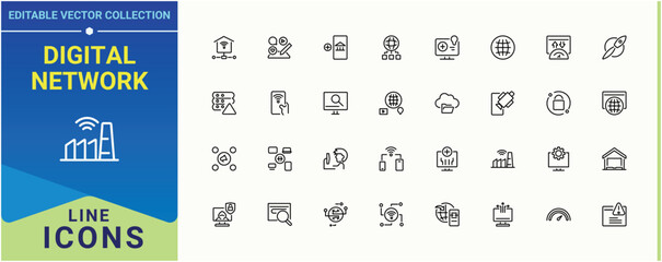 Poster - Digital Network line icon set. Featuring computer, connect, server, net, technology and more. Internet line icon set. Modern icons collection. Vector artwork and illustration.