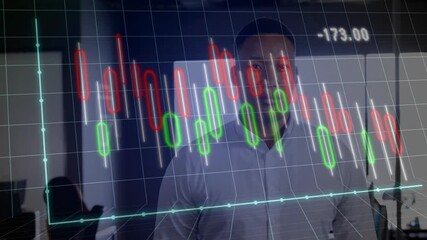 Poster - team collaborating in finance office, man reviewing candlestick charts with glowing grid overlay