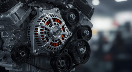 Poster - Close Up of a Detailed Internal Combustion Engine Silver and Black Metal Components with Gears Belts and a Blurred Background