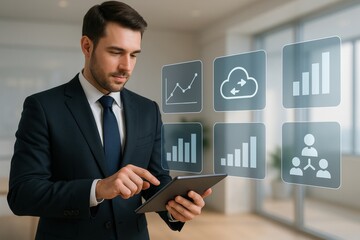 Aufkleber - Data Analytics in Focus: A determined business professional uses a tablet to analyze data, innovative graphical elements representing trends and insights.