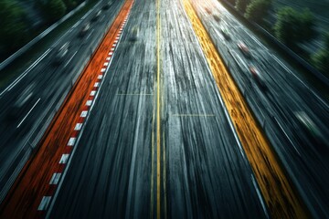 Poster - Top View of a Racing Lane Showcasing Tire Marks and Motion Blur, Capturing the Adrenaline Rush During a High-Speed Competition
