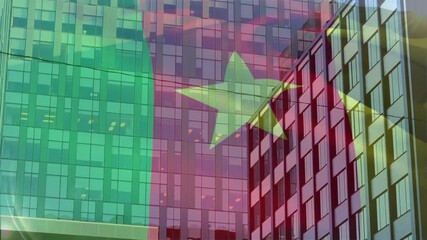 Poster - Chinese flag overlay animating over flat-design glass towers, showing green and red grid patterns