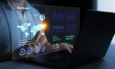 Leinwandbilder - Management data System KPI connected in database for follow earnings,operations and sales data.Businessman using KPI dashboard.Financial business data analytics graph dashboard.
