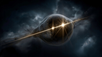 stunning cosmic scene featuring dark celestial body illuminated by two bright beams of light, surrou