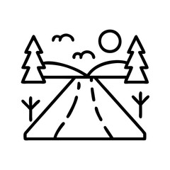 Poster - Road trip landscape vector illustration with trees sun and birds nature travel adventure scenic view