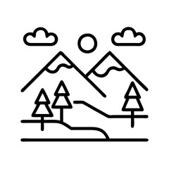 Poster - Mountain landscape with trees sun and clouds vector illustration outdoor nature scene design line art