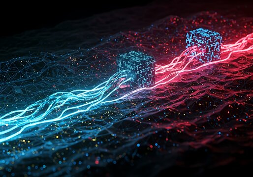 Abstract Neon Cubes Flowing on Data Stream Futuristic Digital Art