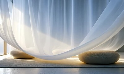 Poster - Explore a serene indoor space decorated with soft fabrics and elegant stone seating for relaxation and creativity