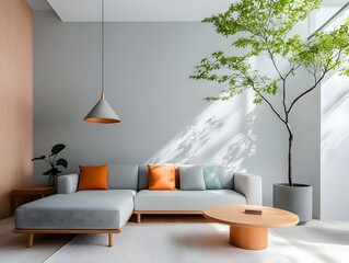 Fototapete - This image depicts a comfortable and stylish living space featuring a plush L shaped sectional sofa with natural wood accents a potted tree and soft