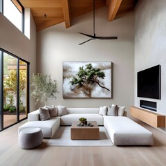 Fototapete - This inviting contemporary living room features a comfortable sectional sofa a neutral color palette with natural materials and a calming hygge inspired atmosphere