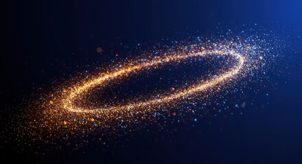 Poster - Glowing ring of golden particles against a dark blue background with scattered light elements around it