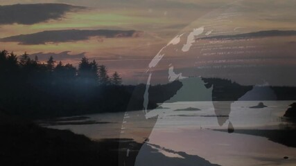 Poster - Semi-transparent globe hovering over sunset coastal inlet, showing lines of code with flat design