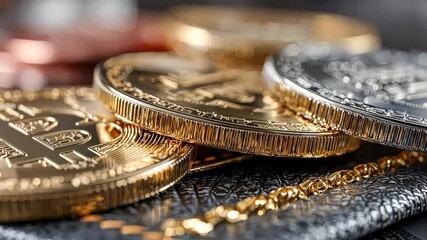 Poster - Close-up view of golden and silver bitcoin coins resting on a textured leather surface with a golden chain detail