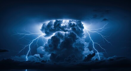 Poster - A dramatic thunderstorm with lightning strikes illuminating the dark and ominous cumulonimbus clouds