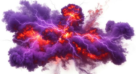 Poster - Purple and orange cloud with lightning strikes on a white background in a dramatic display