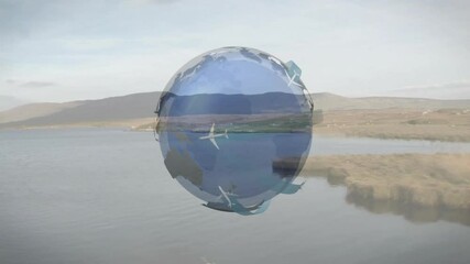 Poster - Digital globe spinning at center, displaying airplane icons and travel markers over calm lakeside