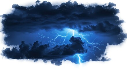 Poster - A dramatic cloudscape featuring a powerful lightning strike against a dark blue and white background scene