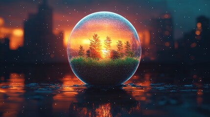 Poster - Digital Sunset Sphere: Nature's Embrace in a Technological World