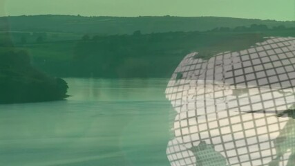 Poster - Semi-transparent wireframe globe overlay floating over green tinted lake, featuring rolling hills