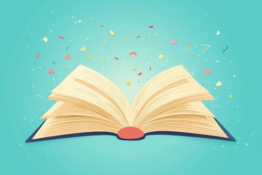 World Book Day celebration in flat design, showcasing an open book with imaginative tales rising from the pages