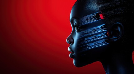 Poster - A woman's face is covered in blue and red lines