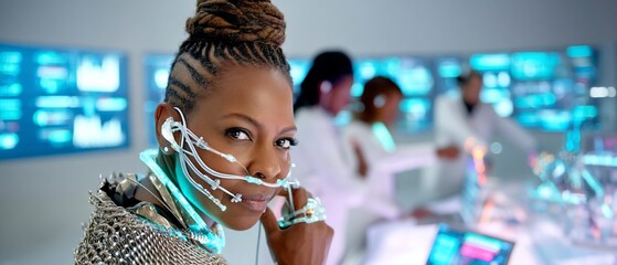 Poster - A sci-fi scientist stares at the viewer in a lab setting with futuristic technology