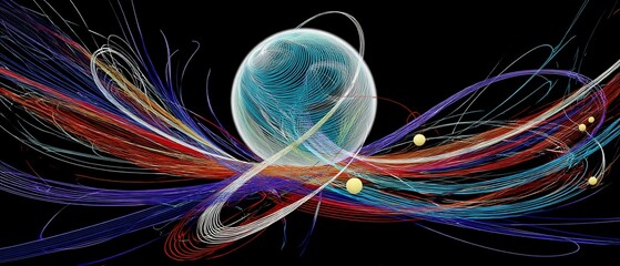 Poster - Abstract artwork featuring a luminous sphere encircled by vibrant, swirling lines of color against a black backdrop