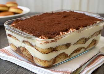 Poster - rectangular glass baking dish filled with layers of cake, cream, and chocolate shavings.